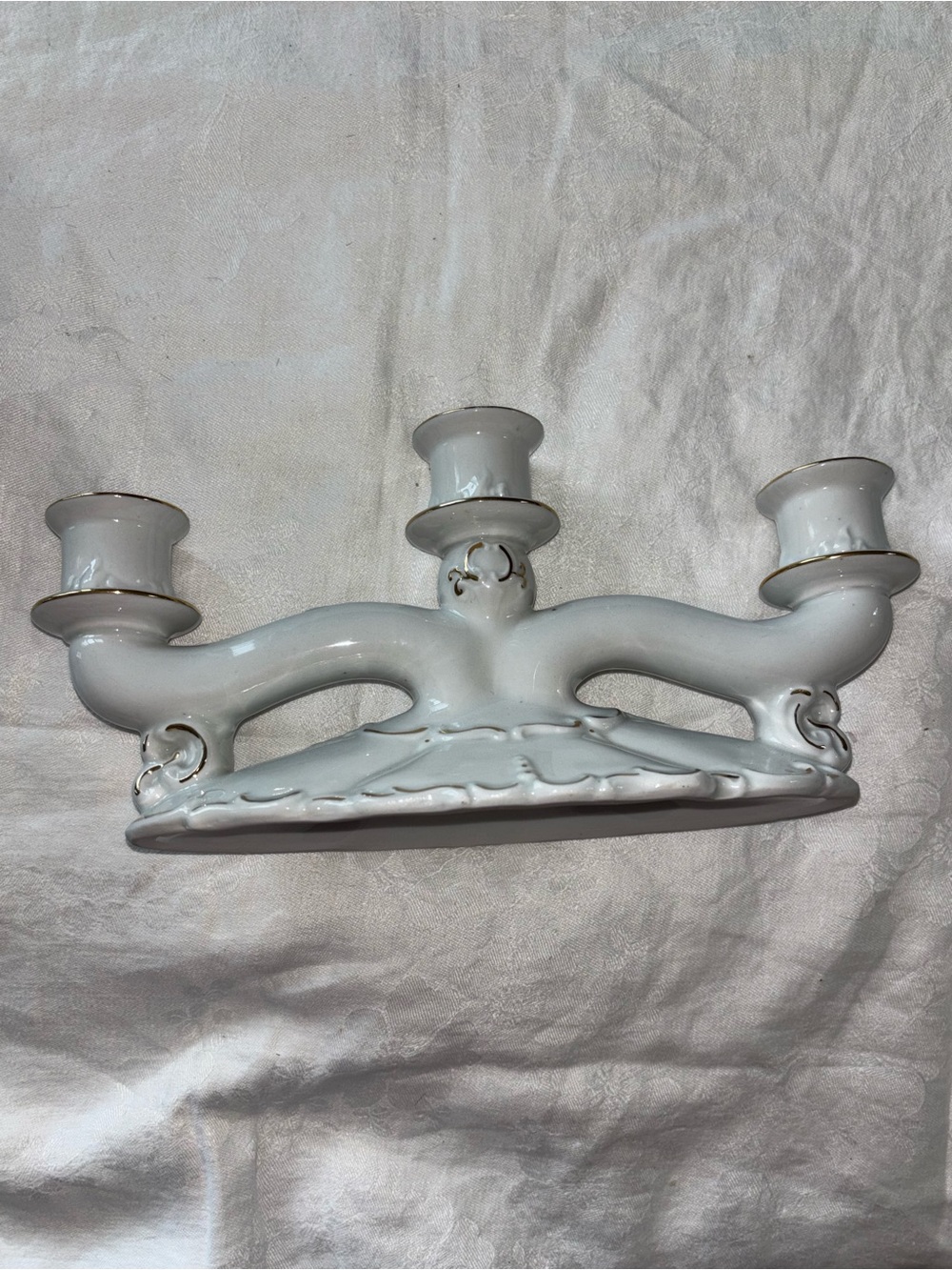White Ceramic 3-Arm Candelabra with Gold Trim